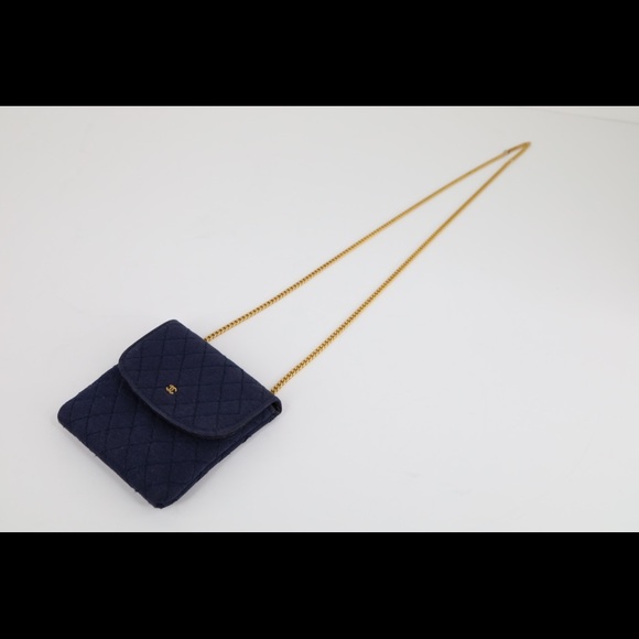 Vintage Chanel Knit Quilted Jersey Pouch Necklace Dark Blue Gold Hardware - Picture 8 of 8